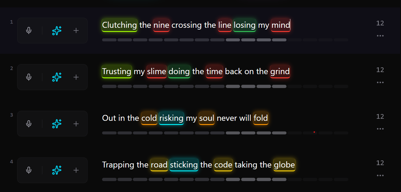 RhymeFlux app showing real-time rhyme highlighting with color-coded syllable matching across multiple bars